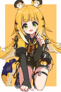 1girl absurdres animal_ears black_gloves black_shirt black_shorts blonde_hair blue_bow blue_shoes bow collared_shirt colored_inner_hair cropped_jacket elbow_gloves fingerless_gloves gloves green_eyes highres jacket ju_fufu long_hair mikuru_ism multicolored_hair open_mouth shirt shoes short_shorts shorts smile solo tail tail_bow tail_ornament thigh_strap tiger_ears tiger_girl tiger_stripes tiger_tail two-tone_hair white_hair yellow_jacket zenless_zone_zero
