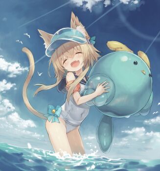 1girl animal_ear_fluff animal_ears blue_visor brown_hair cat_ears cat_girl cat_tail closed_eyes cloud covered_navel day fang fuyu_no_kareha highres inflatable_toy ocean one-piece_swimsuit open_mouth original outdoors sailor_collar short_hair short_hair_with_long_locks sky smile solo swimsuit tail thighs visor_cap wading water white_one-piece_swimsuit