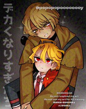 Rule 34 | 1boy, 1girl, :t, a certain sinclair (project moon), animal, animal on shoulder, asymmetrical bangs, bird, bird on shoulder, black jacket, black sleeves, blonde hair, blush, coat, dated, don quixote (project moon), eyelashes, facial scar, fur shawl, grey shirt, hair intakes, height difference, hetero, highres, hug, hug from behind, jacket, light frown, limbus company, long sleeves, looking at another, necktie, open clothes, open coat, popopopoooooooy, project moon, red eyes, red necktie, sancho (project moon), scar, scar on cheek, scar on face, shawl, shirt, short hair, sinclair (project moon), smile, suit jacket, swept bangs, translation request, trench coat, tsurime, twitter username, undershirt, watermark, white mouth, white shirt, wing collar, yellow coat, yellow eyes, yellow sleeves