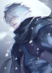 Rule 34 | 1boy, bishounen, blue eyes, devil may cry, devil may cry (series), devil may cry 4, dmc pa, hair over one eye, hood, male focus, nero (devil may cry), snow, snowing, solo, white background, white hair, winter, winter clothes