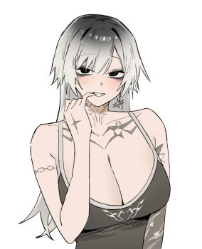 1girl black_eyes black_tank_top blush breasts chest_tattoo cleavage commentary english_commentary gradient_hair grey_hair hand_tattoo hand_up highres jyuri_(shouz) large_breasts long_hair looking_at_viewer multicolored_hair neck_tattoo original parted_bangs shouz simple_background smile solo tank_top tattoo upper_body white_background