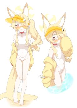 1girl absurdres animal_ear_fluff animal_ears barefoot blonde_hair blue_archive breasts clothing_cutout covered_navel cow_coconut cowboy_shot cross_halo diamond_cutout fox_ears fox_girl fox_tail full_body halo highleg highleg_one-piece_swimsuit highres jacket loli long_hair multiple_views official_alternate_costume official_alternate_hairstyle one-piece_swimsuit orange-tinted_eyewear orange_eyes seia_(blue_archive) seia_(swimsuit)_(blue_archive) side_ponytail small_breasts standing sunglasses swimsuit tail tinted_eyewear visor_cap white_background white_one-piece_swimsuit yellow_halo yellow_jacket yellow_visor