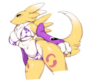 1girl absurdres bikini black_sclera body_fur colored_sclera commentary digimon digimon_(creature) digimon_tamers english_commentary furry furry_female highres neck_fur purple_sleeves renamon simple_background slugbox snout solo swimsuit tail two-tone_fur white_fur yellow_fur yin_yang