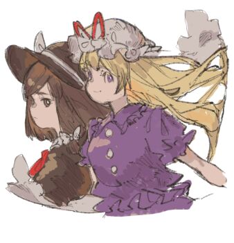 Rule 34 | 2girls, bat wings, black hair, black hat, black shirt, blonde hair, bow, bowtie, closed mouth, floating hair, frilled hat, frilled sleeves, frills, frown, hair bow, hat, hat ribbon, long hair, maribel hearn, mob cap, multiple girls, oftooon, puffy short sleeves, puffy sleeves, purple shirt, red bow, red bowtie, red ribbon, ribbon, shirt, short hair, short sleeves, simple background, smile, swept bangs, touhou, usami renko, white bow, white hat, white ribbon, wings