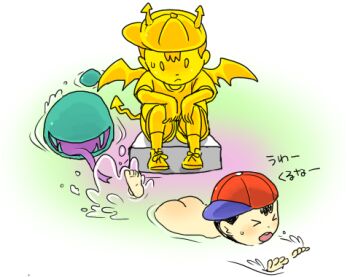 &gt;_&lt; ass ass_focus back bare_back barefoot black_hair blush bone_(artist) child feet gold_statue hat huge_ass japanese_text kraken_(mother_2) lake male_focus monster mother_(series) mother_2 ness ness_(mother_2) nintendo nude bad_tag red_hat shota soles statue swimming toes