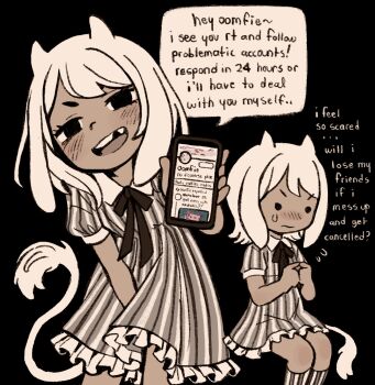 1girl :d axolotl_(minecraft) between_legs black_background black_dress black_ribbon black_socks blush cellphone collared_dress cowboy_shot dark_skin dress feet_out_of_frame fidgeting frilled_dress frills grey_dress grey_socks hand_between_legs highres hikimayu holding holding_phone horns index_fingers_together knee_blush kneehighs leaning_forward looking_at_viewer medium_hair missing_tooth multicolored_dress multicolored_socks multiple_views muted_color neck_ribbon nervous no_nose nose_blush open_mouth original phone puffy_short_sleeves puffy_sleeves ribbon short_dress short_sleeves simple_background sitting smile smug snugglepuff28 socks solid_circle_eyes solid_circle_pupils speech_bubble standing striped_clothes striped_dress striped_socks sweatdrop tail twitter v-shaped_eyebrows vertical-striped_clothes vertical-striped_dress vertical-striped_socks white_dress white_hair white_horns white_socks white_tail worried