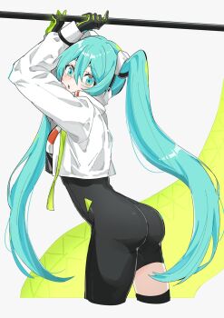 Rule 34 | 1girl, black gloves, blue eyes, blue hair, commentary request, cropped jacket, cropped legs, flagpole, frontover36, gloves, goodsmile company, goodsmile racing, green gloves, hatsune miku, highres, holding, jacket, long hair, looking at viewer, multicolored gloves, open mouth, racing miku, racing miku (2022), simple background, solo, twintails, two-tone gloves, vocaloid, white background, white jacket
