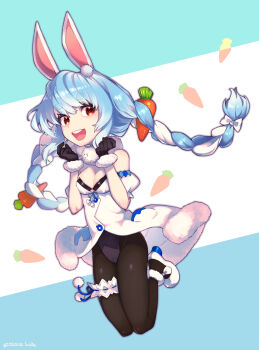 1girl :d absurdres animal_ear_fluff animal_ears ankle_garter artist_name black_gloves black_leotard black_pantyhose blue_hair bow braid breasts carrot carrot_hair_ornament cleavage coat_dress colored_shoe_soles detached_sleeves don-chan_(usada_pekora) dress drop_shadow food-themed_hair_ornament frilled_thigh_strap full_body fur-trimmed_dress fur-trimmed_gloves fur_scarf fur_trim gloves hair_ornament highres hikimayu hololive jumping leotard long_hair mary_janes medium_breasts multicolored_hair open_mouth pantyhose parted_hair playboy_bunny puffy_detached_sleeves puffy_short_sleeves puffy_sleeves rabbit_ears red_eyes scarf shoes short_eyebrows short_sleeves sidelocks smile solo swept_bangs teeth thick_eyebrows thigh_strap tongue twin_braids two-tone_hair upper_teeth_only usada_pekora usada_pekora_(1st_costume) virgo_(artist) virtual_youtuber white_bow white_dress white_hair white_scarf white_shoes white_sleeves