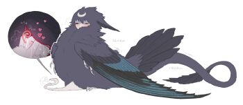 black_eyes blue_wings blush commentary creature crescent crescent_facial_mark cunnilingus english_commentary facial_mark feathers fraid heart highres interspecies jejejunum licking monster multicolored_wings nethermare oral original purple_feathers purple_hair purple_tail purple_wings pussy simple_background sitting size_difference sound_effects teratophilia tongue tongue_out traditional_harpy whisper_(jejejunum) white_background wings yuri