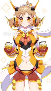 1girl absurdres artist_name blush bodysuit breasts breasts_apart brown_eyes brown_hair closed_mouth clothing_cutout cowboy_shot highres long_hair looking_at_viewer medium_breasts midriff myarikuru navel orange_bodysuit orange_shorts senki_zesshou_symphogear short_shorts shorts skin_tight smile solo standing stomach stomach_cutout tachibana_hibiki_(symphogear) white_background