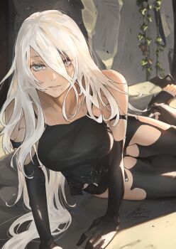 1girl a2_(nier:automata) android arm_support armlet bare_shoulders black_gloves black_shorts black_tank_top blue_eyes breasts debris fadingz gloves hair_between_eyes highres jewelry joints large_breasts long_hair looking_at_viewer mole mole_under_mouth nier:automata nier_(series) outdoors pink_lips plant robot_joints rubble shorts sitting solo tank_top thighs toes vines white_hair