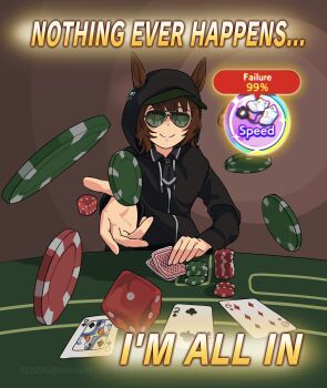 1girl absurdres agnes_tachyon_(umamusume) animal_ears black_jacket black_necktie brown_hair card closed_mouth commentary dated dice english_commentary english_text gambling gameplay_mechanics green_hat hat hat_under_hood highres hood hood_up hooded_jacket horse_ears jacket long_sleeves necktie poker_chip sbarky38 short_hair short_necktie smile solo sunglasses twitter_username umamusume watermark
