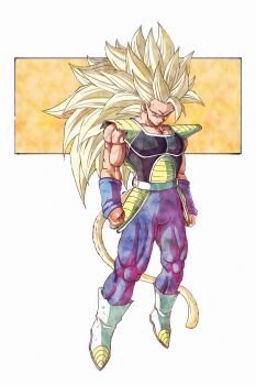 1boy absurdres alternate_form armor bardock beatlo_(rodrigo38658978) blonde_hair broken_armor clenched_hand crack dragon_ball dragon_ball_super floating full_body highres long_hair looking_at_viewer monkey_tail muscular muscular_male no_eyebrows red_eyes saiyan saiyan_armor solo super_saiyan super_saiyan_3 tail tight_clothes