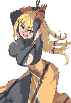 1girl arms_up bdsm black_bodysuit blonde_hair blue_eyes blush bodysuit breasts commentary_request darkness_(konosuba) dress hair_between_eyes hair_ornament highres kono_subarashii_sekai_ni_shukufuku_wo! large_breasts long_hair looking_at_viewer onabe915 open_mouth ponytail restrained shadow solo torn_bodysuit torn_clothes x_hair_ornament