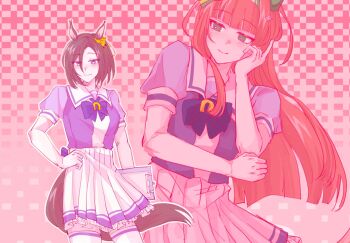 Rule 34 | 2girls, 3026233904yin, air groove (umamusume), animal ears, blunt bangs, blunt ends, bow, bowtie, brown hair, clipboard, closed mouth, commentary, cowboy shot, ear covers, ear ornament, frilled skirt, frills, green eyes, hand on own hip, highres, holding, holding clipboard, horse ears, horse girl, horse tail, long hair, multiple girls, orange hair, parted bangs, purple bow, purple bowtie, purple shirt, sailor collar, school uniform, shirt, short hair, silence suzuka (umamusume), skirt, smile, standing, summer uniform, tail, thighhighs, tracen school uniform, umamusume, upper body, white sailor collar, white skirt, white thighhighs