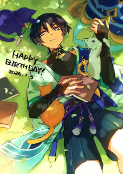 Rule 34 | 1boy, animalization, armor, belt, black belt, black bodysuit, black bow, black bridal gauntlets, black hair, black shorts, blue cape, blue hat, blue sleeves, blunt ends, bodysuit, book, bow, bridal gauntlets, cape, cat, closed mouth, colored inner hair, commentary request, covered collarbone, dated, eyeliner, eyeshadow, feathers, fingernails, furisode, genshin impact, gold, gold ring, hakama, hakama shorts, happy birthday, hat, highres, holding, holding book, japanese armor, japanese clothes, jingasa, kimono, kote, kurokote, layered sleeves, leaf, looking at animal, lying, makeup, male focus, middle ring, multicolored hair, oga914, on back, on grass, open book, open clothes, open kimono, orange cat, outdoors, person and animalization, pleated shorts, purple cat, purple eyes, purple hair, purple pupils, purple rope, purple sash, red eyeliner, red eyeshadow, rope, sash, scaramouche (cat) (genshin impact), scaramouche (genshin impact), short sleeves, shorts, shoulder peek, smile, tassel, tree shade, tsurime, turtleneck, turtleneck bodysuit, twitter username, unworn hat, unworn headwear, vision (genshin impact), wanderer (genshin impact), white cat, white kimono, white sleeves, wispy bangs, yellow feathers