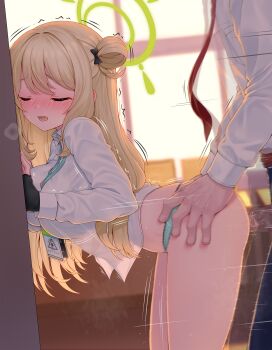 1boy 1girl against_wall ass black_bow black_gloves blonde_hair blue_archive blurry blurry_background bow breasts censored classroom closed_eyes closed_mouth clothed_sex collared_shirt commentary_request depth_of_field fingerless_gloves from_side gloves hair_bow hair_rings hajika halo hetero highres indoors lanyard large_breasts leaning_forward long_hair long_sleeves looking_at_viewer looking_to_the_side mosaic_censoring motion_lines nonomi_(blue_archive) open_mouth panties penis plaid puffy_long_sleeves puffy_sleeves school_uniform sensei_(blue_archive) sex sex_from_behind shirt smile solo_focus standing standing_sex trembling underwear very_long_hair white_shirt window