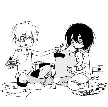 1boy 1girl aged_down bandaged_arm bandaged_leg bandages cake cake_slice chainsaw_man denji_(chainsaw_man) food fork greyscale hair_between_eyes holding holding_fork holding_plate monochrome plate pochita_(chainsaw_man) reze_(chainsaw_man) shirt shorts ssabdeog tank_top tongue tongue_out