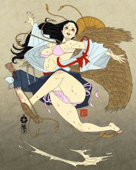 1girl absurdres ajirogasa bag bikini black_hair hat highres japanese_clothes kimono long_hair looking_up open_mouth original panties red_eyes ribbon sei5osuzuki string string_bikini string_bra string_panties stuffed_animal stuffed_toy sweat swimsuit tagme teddy_bear underwear