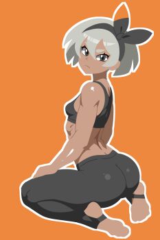 1girl absurdres alternate_costume ass bea_(pokemon) bob_cut bow breasts dark-skinned_female dark_skin frown full_body grey_eyes grey_hair hair_bow hair_ribbon highres medium_hair nintendo pants pokemon pokemon_swsh ribbon saucy_aussy sitting small_breasts solo stirrup_legwear sweatpants tank_top toeless_legwear wariza