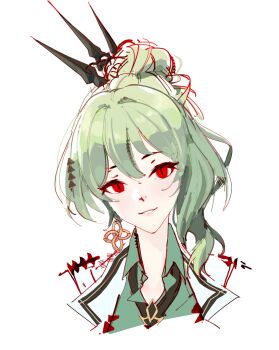 1girl alternate_eye_color coat collared_shirt commentary cropped_torso earrings english_commentary green_hair green_necktie green_shirt hair_bun hair_ornament highres honkai_(series) honkai_impact_3rd jewelry lab_coat looking_at_viewer mobius_(honkai_impact) mobius_(pre-surgery)_(honkai_impact) naz_(natsuzhi) necktie red_eyes shirt simple_background single_earring slit_pupils white_background white_coat