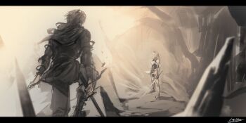 1boy 1girl absurdres armor black_hair boots breastplate crown full_body highres holding holding_sword holding_weapon jagged_rocks knight letterboxed logicsterrr long_hair nephis_(shadow_slave) outdoors shadow shadow_slave shoulder_armor sunny_(shadow_slave) sword walking weapon white_hair