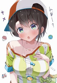 Rule 34 | 1girl, absurdres, backwards hat, baseball cap, blue eyes, blush, breast suppress, breasts, brown hair, commentary request, hand on own chest, hat, highres, hololive, kuno (kc9s), large breasts, looking at viewer, loose clothes, loose shirt, oozora subaru, oozora subaru (1st costume), open mouth, oversized clothes, oversized shirt, red hat, shirt, short hair, short sleeves, single bare shoulder, single off shoulder, solo, stopwatch, stopwatch around neck, striped clothes, striped shirt, swept bangs, t-shirt, taut clothes, taut shirt, tied shirt, two-tone headwear, upper body, v-shaped eyebrows, vertical-striped clothes, vertical-striped shirt, virtual youtuber, watch, whistle, whistle around neck, white hat, white shirt, yellow shirt