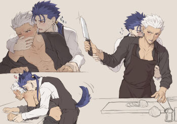 2boys anal animal_ears apron archer_(casual_wear)_(fate) archer_(fate) bent_over black_apron black_pants black_shirt black_vest blue_hair blush collarbone covering_another&#039;s_mouth cu_chulainn_(fate) cu_chulainn_(garcon)_(fate) cu_chulainn_(lancer)_(fate) dark-skinned_male dark_skin earrings fate/stay_night fate_(series) hand_over_another&#039;s_mouth hand_up heart highres holding holding_knife jewelry kemonomimi_mode knife long_hair long_sleeves male_focus male_penetrated mondi_hl multiple_boys one_eye_closed onion open_mouth pants pectorals ponytail sex shirt tail translation_request vest white_hair white_shirt wolf_ears wolf_tail yaoi