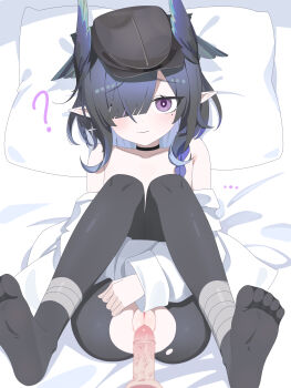 ... 1boy 1girl ? absurdres anus arknights bird_girl black_choker black_hair black_pantyhose braid choker earrings embarrassed feet flat_cap hair_over_one_eye hat head_wings highres imminent_penetration jewelry knees_together_feet_apart loli long_hair long_sleeves looking_at_viewer lying missionary mole mole_under_eye mou_banlangen on_back on_bed pantyhose penis pillow pointy_ears pov purple_eyes pussy single_earring ukusik_(arknights) wings