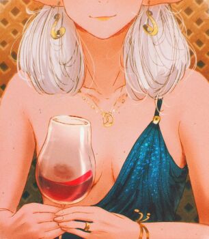 1girl asimov_(spindle_(aidenr0)) blank_stare blue_dress bracelet breasts commentary convenient_censoring cup dress drinking_glass earrings elf english_commentary freckles gold_bracelet gold_earrings gold_necklace jewelry lipstick makeup medium_breasts mole mole_on_breast necklace nipples one_breast_out original ottilie_(spindle_(aidenr0)) pointy_ears reflection ring smirk spindle_(aidenr0) staring white_hair wine_glass