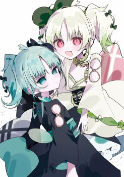 2girls aqua_hair black_bow black_bowtie blue_eyes bow bowtie commentary_request harumaking highres hime_cut japanese_clothes kizaki_mimi kizaki_ruru looking_at_viewer magical_girl mahou_shoujo_no_inshuu_mura multicolored_hair multiple_girls obi red_eyes sash short_hair smile wide_sleeves