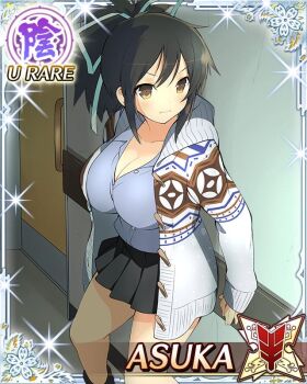 1girl against_wall asuka_(senran_kagura) black_skirt blue_shirt border breasts brown_eyes brown_hair card_(medium) casual character_name cleavage closed_mouth facing_to_the_side game_cg grey_hoodie hair_ribbon hood hoodie indoors large_breasts long_hair official_art open_clothes open_hoodie pleated_skirt ponytail ribbon senran_kagura senran_kagura_new_wave shirt short_ponytail skirt solo third-party_source white_ribbon