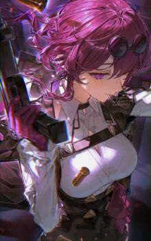 1girl adversarial_noise black_shorts breasts chest_harness chromatic_aberration cleavage_cutout clothing_cutout commentary eyewear_on_head glasses gloves gun harness high-waist_shorts highres holding holding_gun holding_weapon honkai:_star_rail honkai_(series) kafka_(honkai:_star_rail) large_breasts parted_lips pince-nez pkokonatu purple_eyes purple_gloves purple_hair round_eyewear shell_casing shirt shorts solo weapon white_shirt