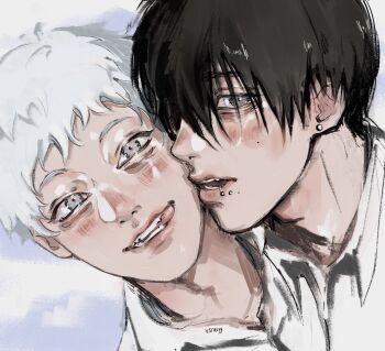 2boys artist_name black_hair blush collared_shirt earrings face_piercing highres hikaru_ga_shinda_natsu indou_hikaru jewelry lip_piercing lips looking_at_viewer male_focus mole mole_on_cheek mole_under_mouth multiple_boys piercing red_pupils shirt short_hair tongue tongue_out tsujinaka_yoshiki v3raxyy white_hair white_shirt yaoi