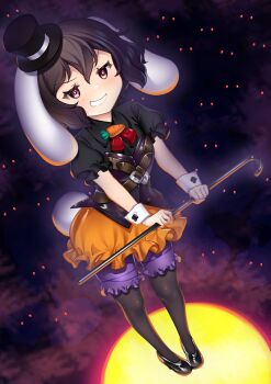 1girl animal_ears black_hair black_pantyhose black_shirt cane grin halloween hat hataraki_kuma inaba_tewi looking_at_viewer lop_rabbit_ears mini_hat mini_top_hat orange_skirt pantyhose purple_shorts rabbit rabbit_ears rabbit_girl rabbit_tail shirt short_hair shorts shorts_under_skirt skirt smile smug solo standing tail top_hat touhou