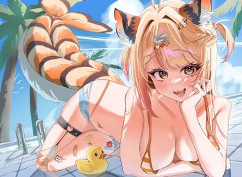 1girl absurdres animal_ears artist_request bikini blonde_hair braid breasts cat_ears cleavage ebiko_(vtuber) highres indie_virtual_youtuber large_breasts long_hair looking_at_viewer multicolored_hair open_mouth orange_bikini orange_eyes orange_streaks palm_tree poolside razor_blade_hair_ornament rubber_duck see-through_clothes see-through_shorts shorts shrimp_girl shrimp_tail solo spiked_thigh_strap streaked_hair striped_bikini striped_clothes swimsuit tree virtual_youtuber