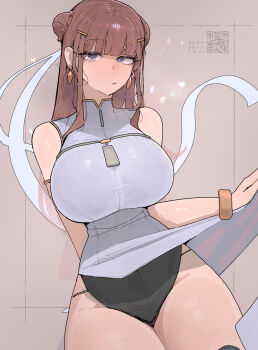 1girl armlet artist_name azz0422 blunt_bangs blush breasts bright_pupils brown_background brown_hair closed_mouth clothes_lift cross-shaped_pupils double_bun earrings eyelashes hair_bun hair_ornament hair_ribbon hairclip high_collar highres huge_breasts jewelry long_ribbon looking_at_viewer narrow_waist narrowed_eyes original pelvic_curtain pelvic_curtain_lift purple_eyes qr_code raised_eyebrows ribbon sidelocks simple_background sitting sleeveless solo symbol-shaped_pupils thighs white_pupils zipper