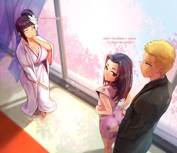 1girl 2boys ass ass_grab black_eyes black_hair blonde_hair blunt_bangs breasts cheating_(relationship) cleavage english_text facial_mark fingering fingering_through_clothes haku_(naruto) hand_fan hand_on_own_cheek hand_on_own_face height_difference highres holding holding_fan husband_and_wife hyuuga_hinata japanese_clothes kimono kokman large_breasts looking_back multiple_boys naruto:_the_last naruto_(series) netorare petite side_ponytail standing stealth_fingering through_clothes trap uzumaki_naruto whisker_markings yaoi