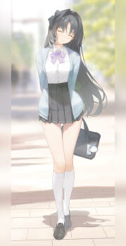 Rule 34 | 1girl, absurdres, alternate costume, bag, black hair, blue cardigan, blurry, blurry background, bow, bowtie, cardigan, closed eyes, closed mouth, commentary, facing viewer, feather hair, full body, grey skirt, hair intakes, hashtag-only commentary, highres, holding, holding bag, long hair, parted bangs, pillarboxed, purple bow, purple bowtie, revision, school bag, shirt, shirt tucked in, skirt, smile, socks, solo, tacet mark (wuthering waves), very long hair, white shirt, white socks, wuthering waves, yangyang (wuthering waves), youngjoo kjy