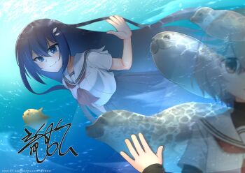 2girls aquarium arm_up black_hair black_shirt black_skirt blue_eyes blue_hair brown_eyes brown_hair end_card hair_ornament hairclip in_water long_hair long_skirt medium_hair multiple_girls neckerchief official_art red_neckerchief reflection ryukishi07 sailor_collar school_uniform seal_(animal) shirt short_sleeves signature skirt smile swimming turtleneck underwater very_long_hair watashi_wo_tabetai_hitodenashi water white_sailor_collar white_shirt yaotose_hinako yashiro_miko