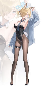 1girl absurdres alter_(kxk7357) animal_ear_fluff animal_ears black_leotard blonde_hair blue_archive blue_eyes blue_halo breasts cleavage commentary_request detached_collar dog_ears hair_over_one_eye halo high_heels highres incredibly_absurdres kanna_(blue_archive) korean_commentary large_breasts leotard long_hair long_sleeves necktie pantyhose playboy_bunny rabbit_tail strapless strapless_leotard tail thigh_strap