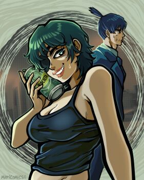 Rule 34 | 1boy, 1girl, absurdres, alcohol, beer, blue hair, breast focus, breasts, chainsaw man, cigarette, commentary, crop top, eyepatch, green eyes, green hair, hayakawa aki, highres, himeno (chainsaw man), jacket, large breasts, maticomics64, short hair, topknot