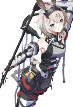 1girl animal_ears arknights arm_behind_head armpits avywenna_(arknights) bare_shoulders black_gloves black_hairband black_pantyhose black_skirt blush closed_mouth commentary detached_sleeves garaudon gloves green_eyes grey_hair grey_shirt hairband highres holding holding_polearm holding_weapon looking_at_viewer pantyhose pleated_skirt polearm rabbit_ears rabbit_girl rabbit_tail shirt short_hair skirt smile solo tail weapon