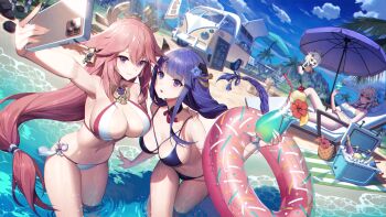 4girls absurdres animal_ears basket beach beach_chair beach_umbrella bikini blue_bikini braid breasts cellphone chibi cleavage cloud cooler donut_innertube drink drinking_straw floppy_ears flower fox_ears genshin_impact hair_flower hair_ornament halo hand_on_another&#039;s_shoulder highres holding holding_drink holding_swim_ring innertube large_breasts leaning_forward lemonpear long_hair low-tied_long_hair low_ponytail lumine_(genshin_impact) mole mole_under_eye motor_vehicle multi-strapped_bikini multicolored_bikini multiple_girls navel ocean open_mouth outstretched_hand paimon_(genshin_impact) partially_submerged phone pink_hair ponytail ponytail_holder purple_eyes purple_hair raiden_shogun rock sand selfie sitting sky smartphone smile summer swim_ring swimsuit table tassel thighs tree truck two-tone_bikini umbrella wading water white_bikini yae_miko