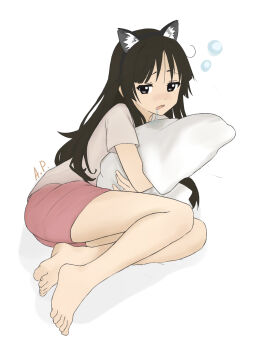 1girl akiyama_mio alternate_costume andreypavlow animal_ear_hairband animal_ears barefoot black_eyes black_hair black_hairband cat_ear_hairband cat_ears commentary fake_animal_ears feet grey_shirt hairband highres hugging_object k-on! long_hair looking_at_viewer lying on_side pillow pink_shorts saliva saliva_trail shirt short_shorts short_sleeves shorts sidelocks signature simple_background solo toes white_background