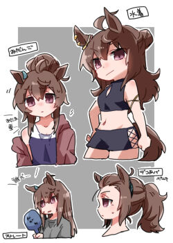 Rule 34 | 1girl, ahoge, animal ears, bare shoulders, beer hsk, bikini, black bikini, blue one-piece swimsuit, border, brown hair, brown jacket, closed mouth, collarbone, commentary request, cropped legs, cropped torso, grey background, groin, hair between eyes, hair bun, hand on own hip, highres, holding, hood, hood down, hooded jacket, horse ears, horse girl, horse tail, jacket, multiple views, nakayama festa (entrust myself to the dice) (umamusume), nakayama festa (umamusume), navel, off shoulder, one-piece swimsuit, open clothes, open jacket, parted lips, ponytail, purple eyes, swimsuit, tail, translation request, umamusume, v-shaped eyebrows, white border
