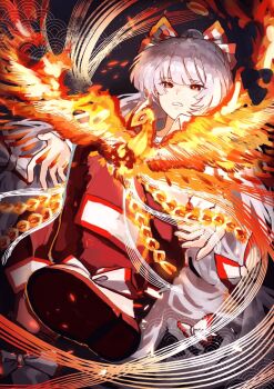 1girl bird black_background bow collared_shirt commentary_request fiery_wings fingernails fire fujiwara_no_mokou full_body grey_hair hair_bow highres knee_up long_hair ofuda ofuda_on_clothes open_mouth outstretched_arms pants phoenix red_eyes red_pants red_shoes second-party_source shirt shoes solo touhou uribo2060 very_long_hair white_bow white_shirt wings