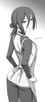 1girl apron artist_name ass chainsaw_man choker grenade_pin greyscale hair_between_eyes hair_bun highres medium_hair monochrome pants reze_(chainsaw_man) shirt solo soukitsu