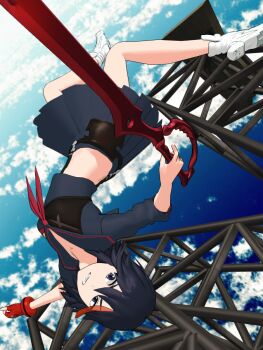 10s 1girl 3d black_hair blue_eyes falling highres kill_la_kill matoi_ryuuko midriff school_uniform scissor_blade_(kill_la_kill) senketsu serafuku shoes skirt sneakers sword upside-down weapon