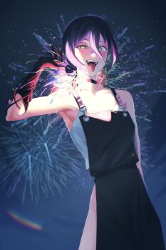 1girl absurdres aerial_fireworks apron black_apron chainsaw_man fireworks gloves green_eyes hair_between_eyes hair_bun highres imminent_explosion kiwi_(uwee8553) night open_mouth outdoors purple_gloves purple_hair reze_(chainsaw_man) solo sparks tank_top teeth tongue tongue_out upper_teeth_only white_tank_top